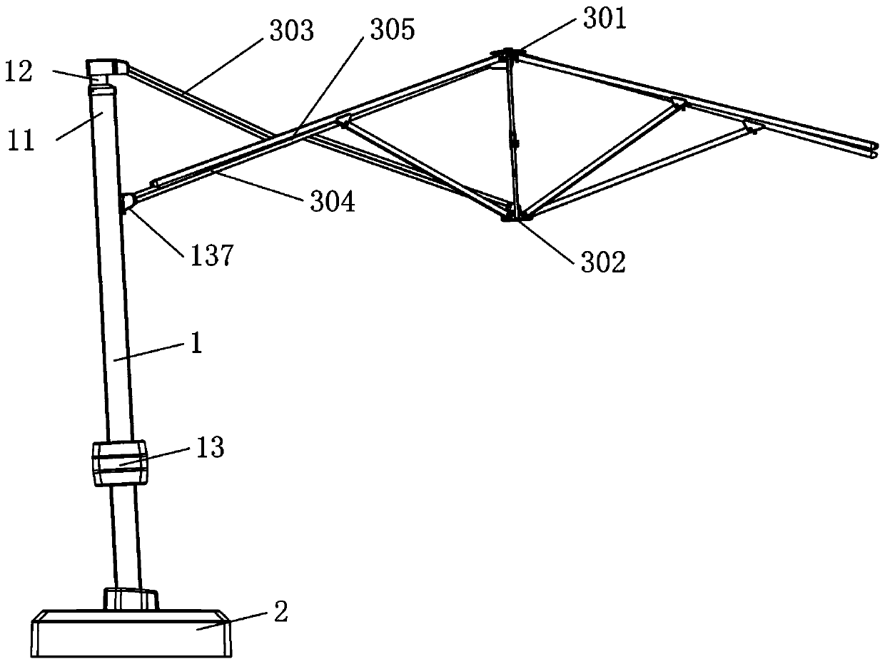 Sunshade with extending and retracting umbrella fabric structure and vertical rod component of sunshade