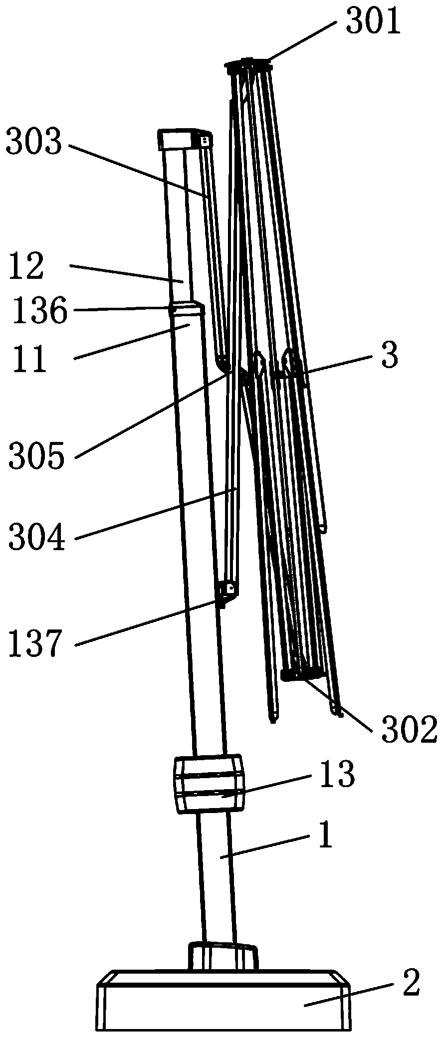 Sunshade with extending and retracting umbrella fabric structure and vertical rod component of sunshade