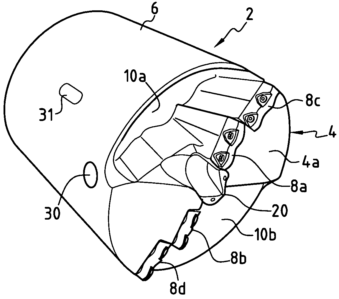 Deep hole boring head and deep hole boring method for boring a production piece