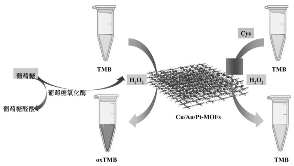 Application of cu/au/pt-mofs and their visual test strips in the detection of h2o2, cys or glucose