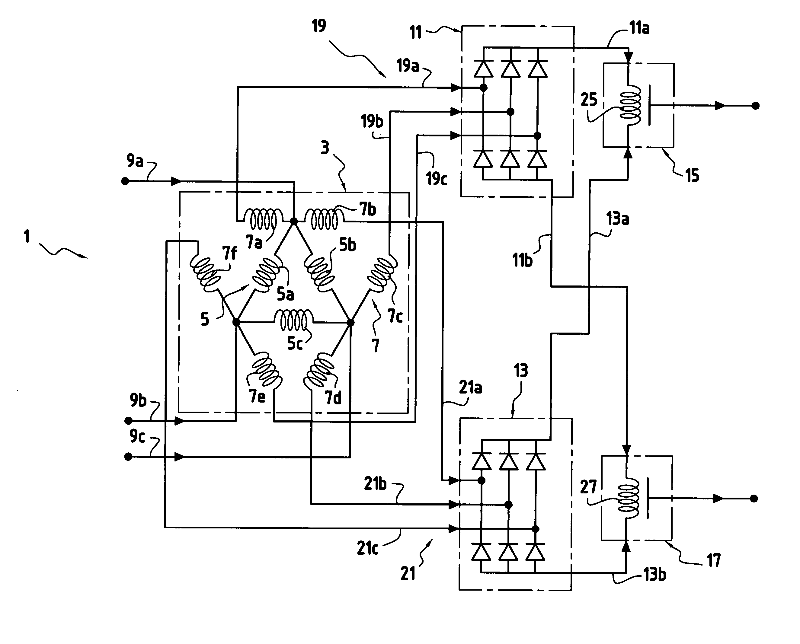 12-Pulse converter including a filter choke incorporated in the rectifier