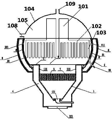 Vapor generator with pipe diameters of communicating pipes changing in radial direction