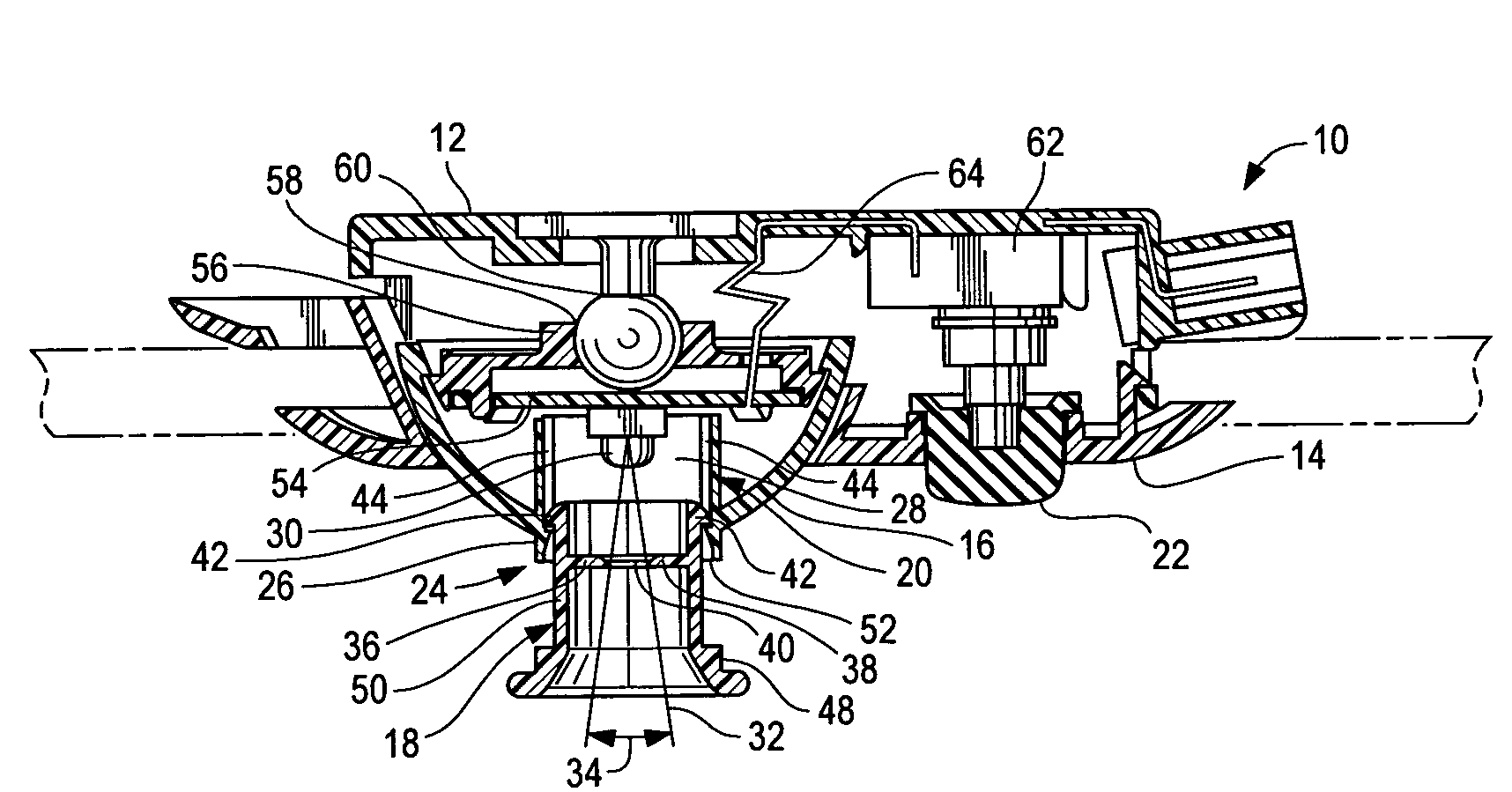 Adjustable light beam device for aimable vehicle lamp assembly and method