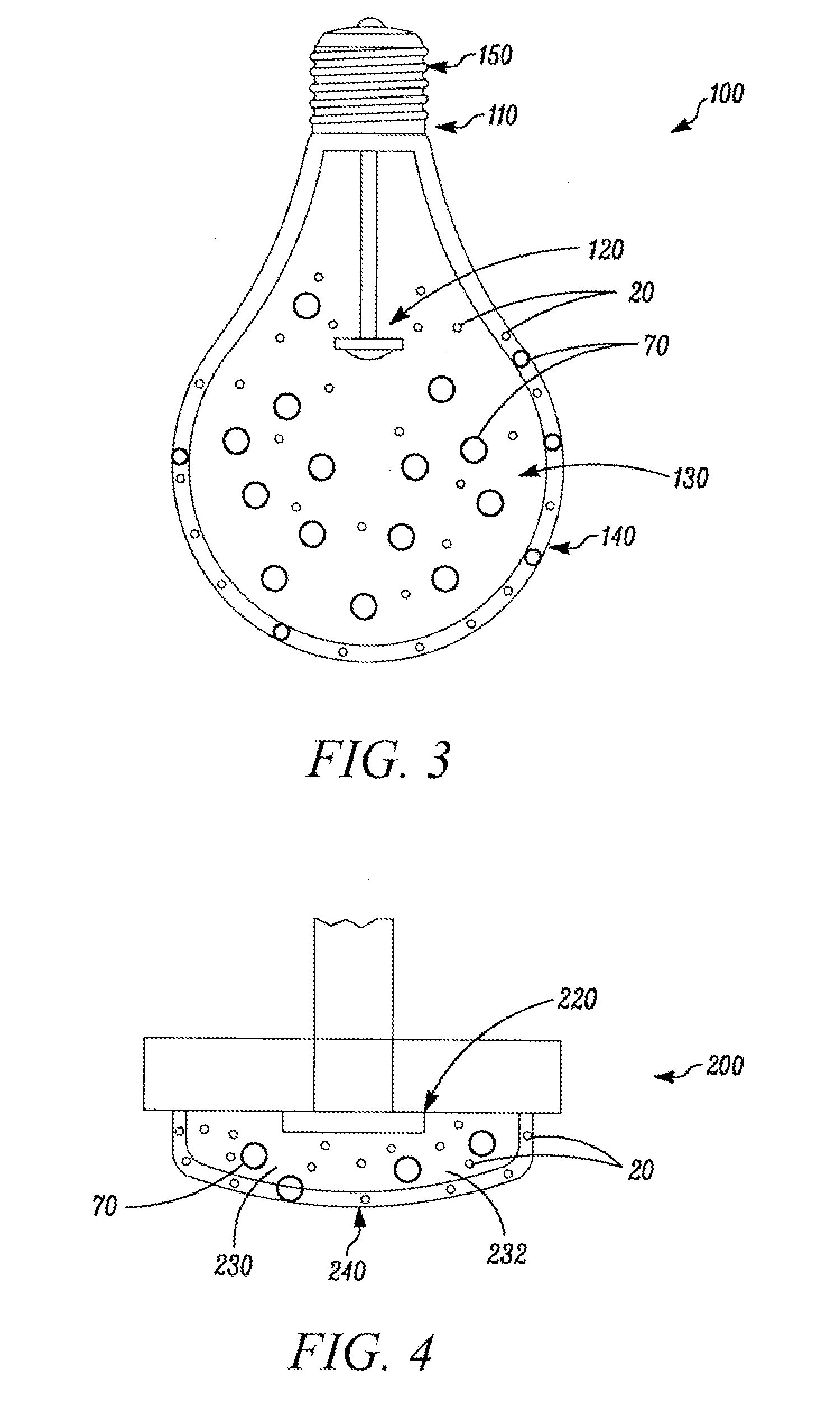 Method of light dispersion and preferential scattering of certain wavelengths of light-emitting diodes and bulbs constructed therefrom