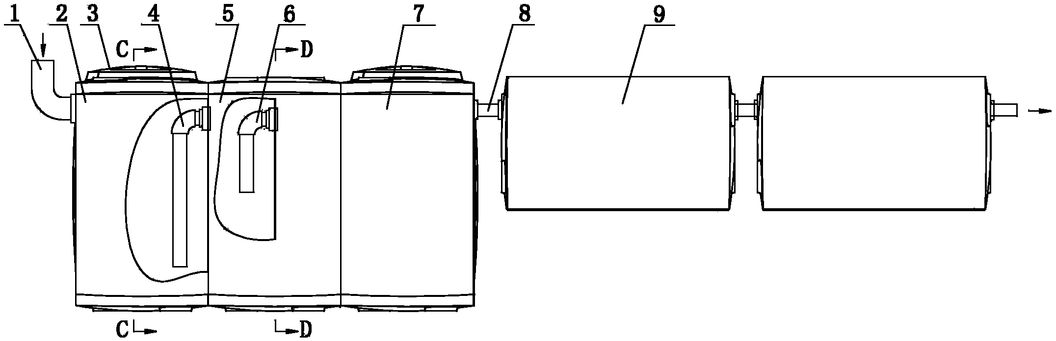 Three-grid type septic tank assembled by four modules