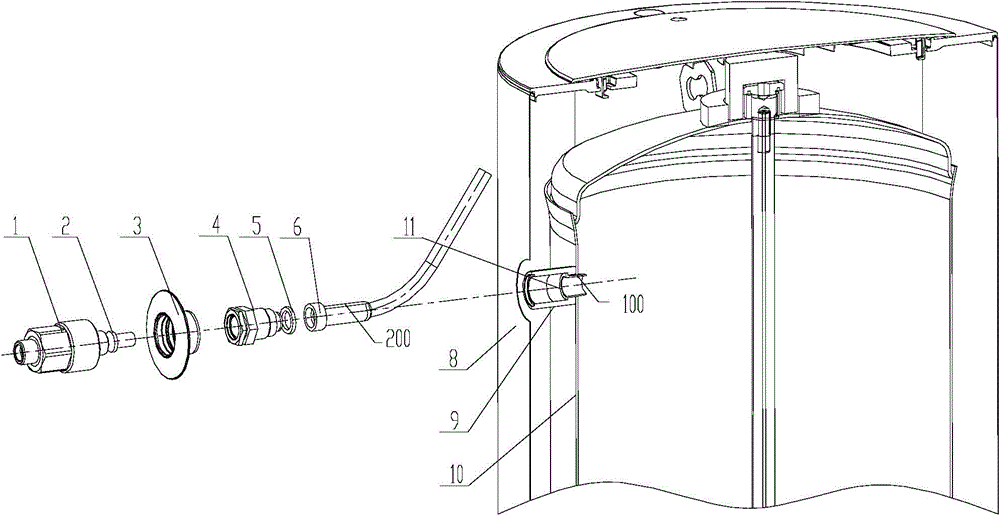 Water inlet and output pipe of water tank and water tank device