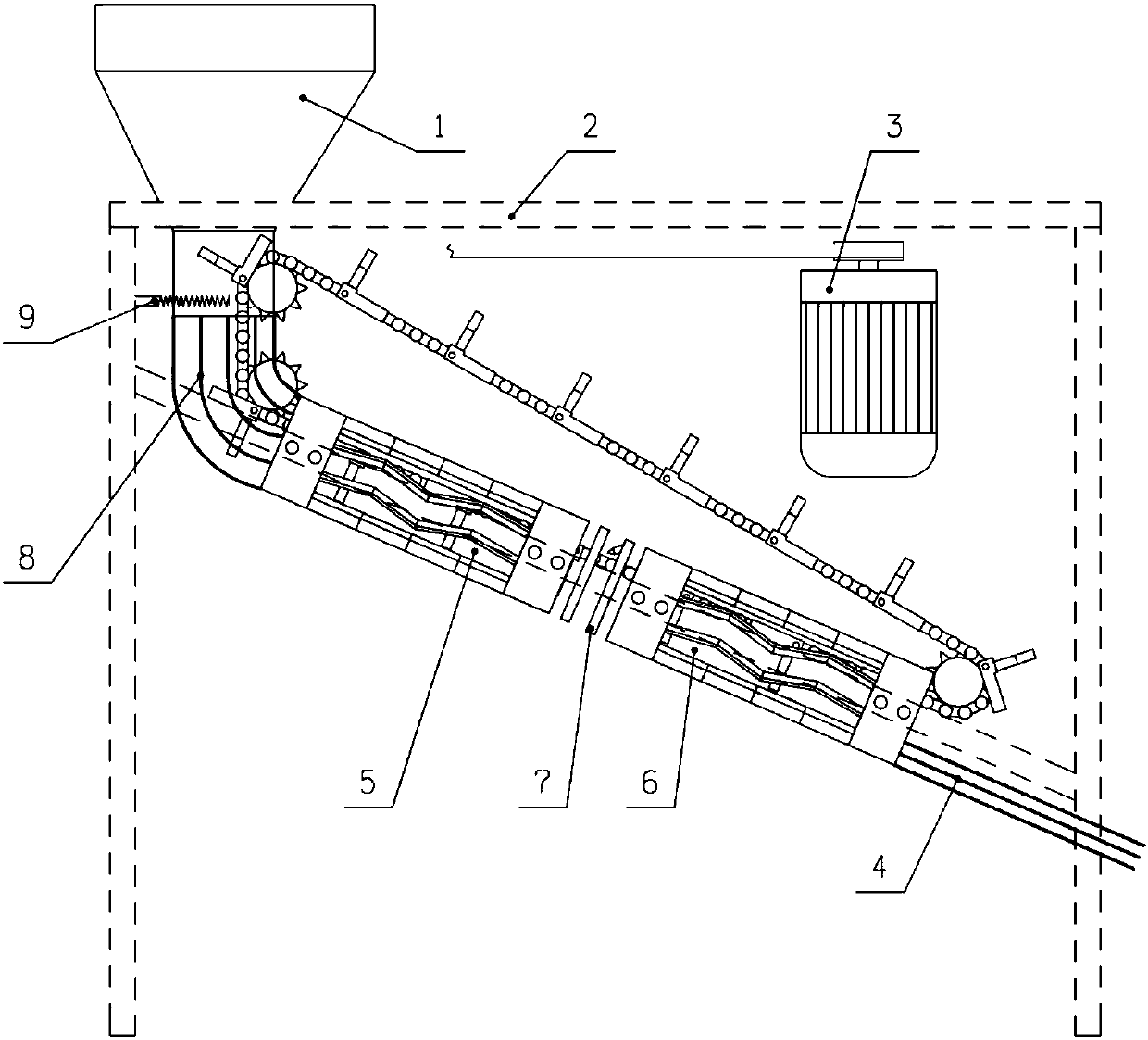 An inclined green walnut peeling machine