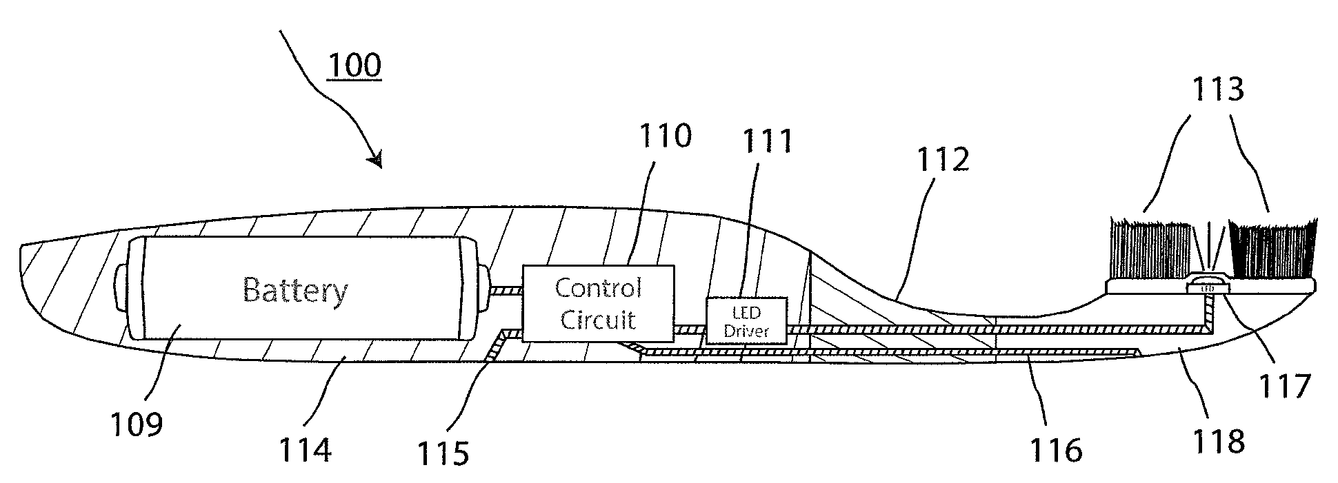 Short wavelength visible light-emitting toothbrush with an electronic signal interlock control