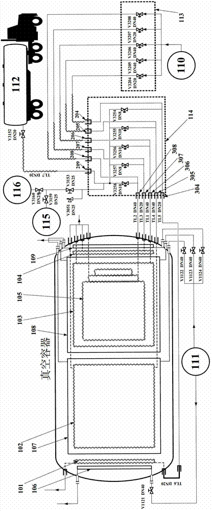 Liquid helium conveying system used for large-size multi-section liquid helium heat sinks and class converting method for large-size multi-section liquid helium heat sinks