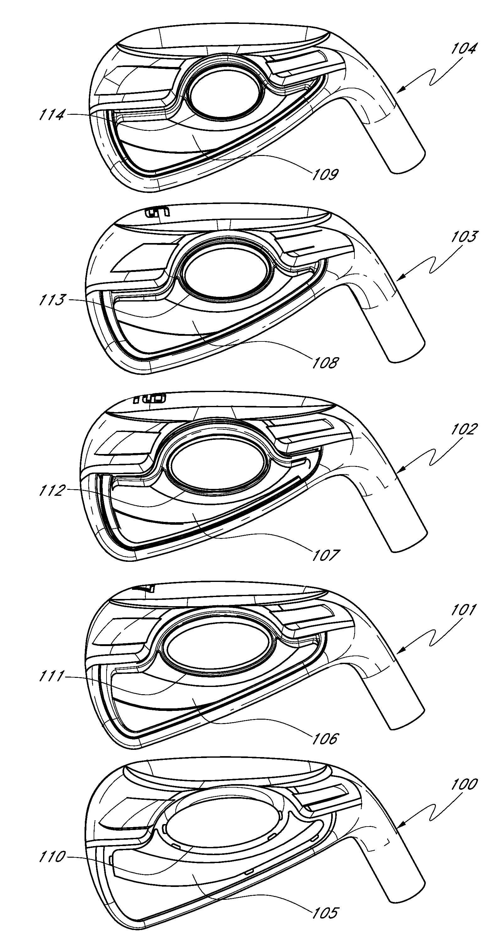 Progressive set of golf club heads