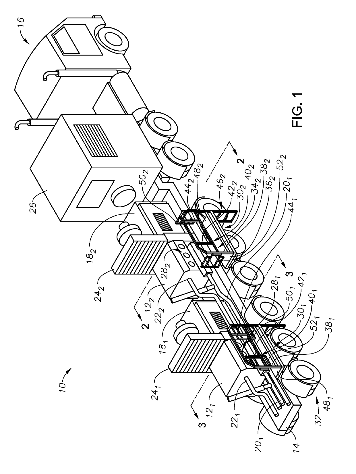 Slide out pump stand for hydraulic fracturing equipment