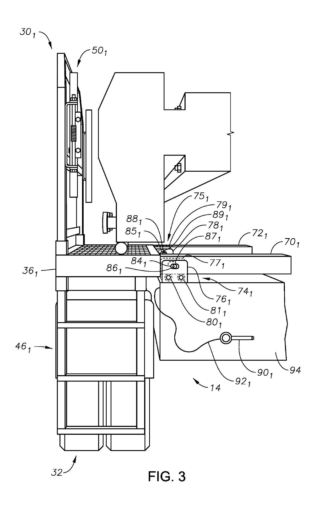 Slide out pump stand for hydraulic fracturing equipment