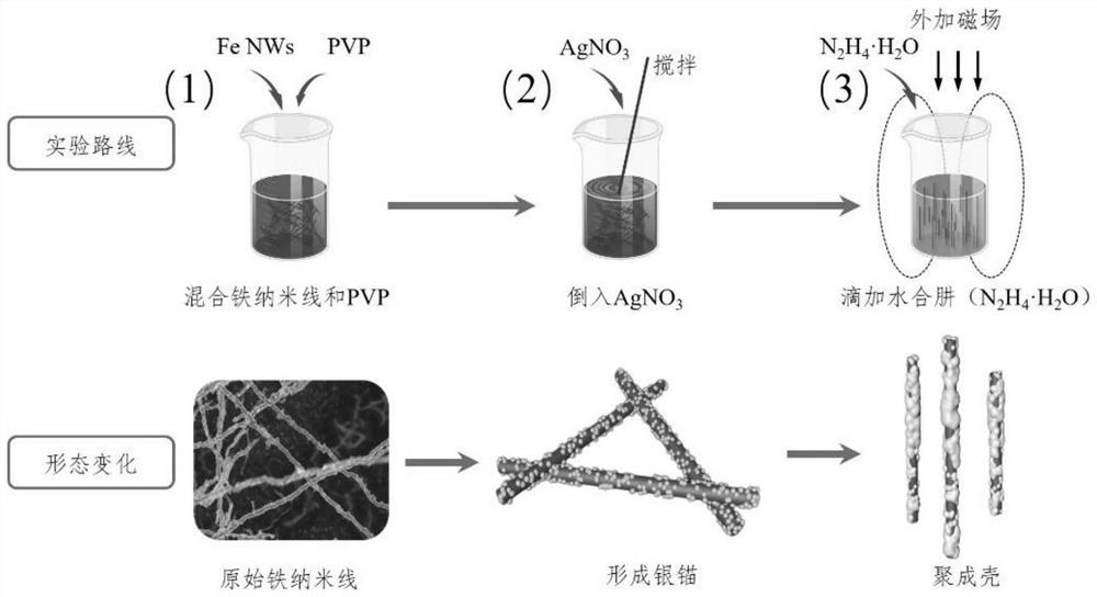 Core-shell heterostructure magnetic nanowire as well as preparation method and application thereof