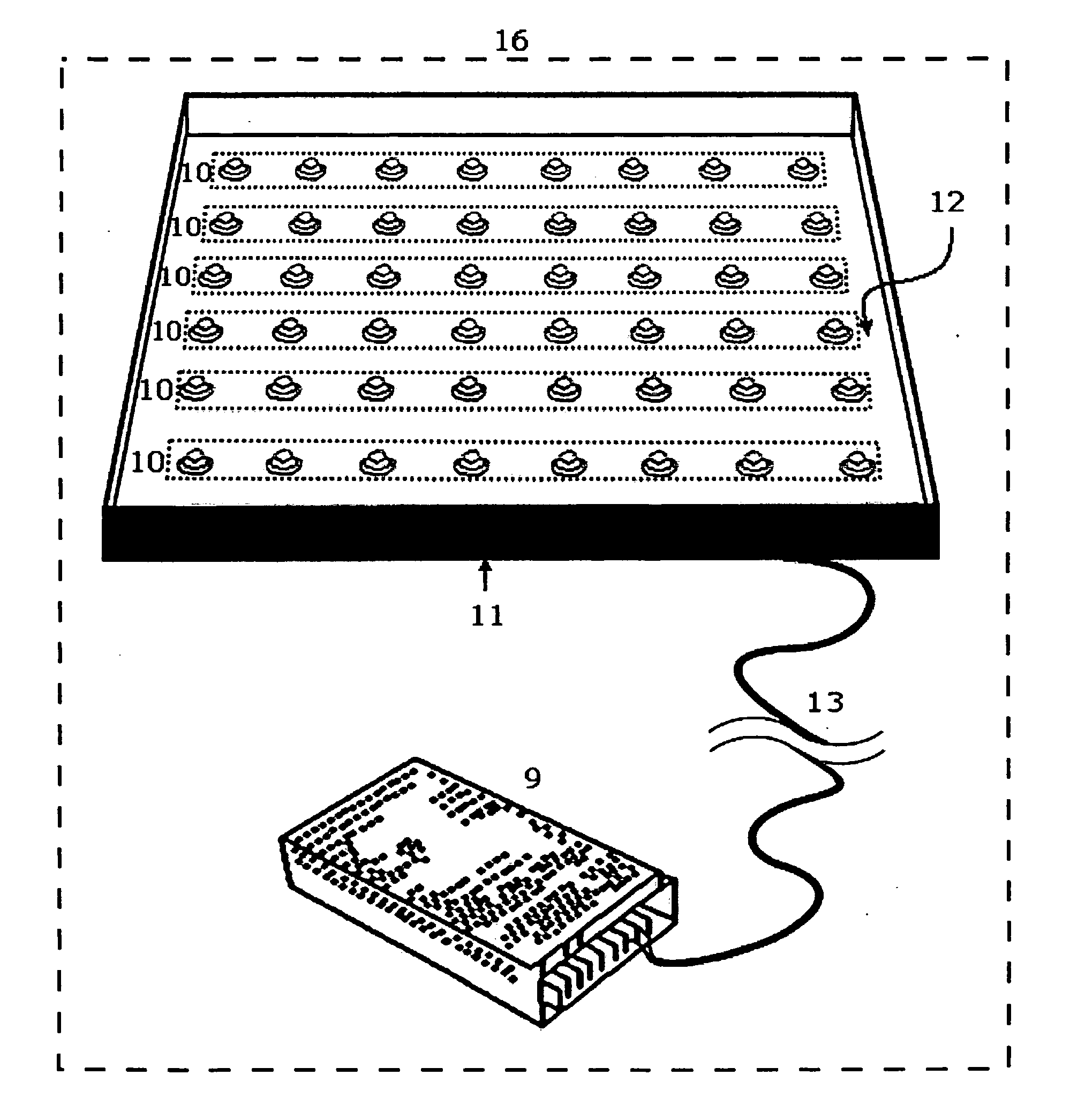 Array of LED lights optimized to produce light at the peack absorbance frequencies of the primary molecules involved in photosynthesis and plant growth