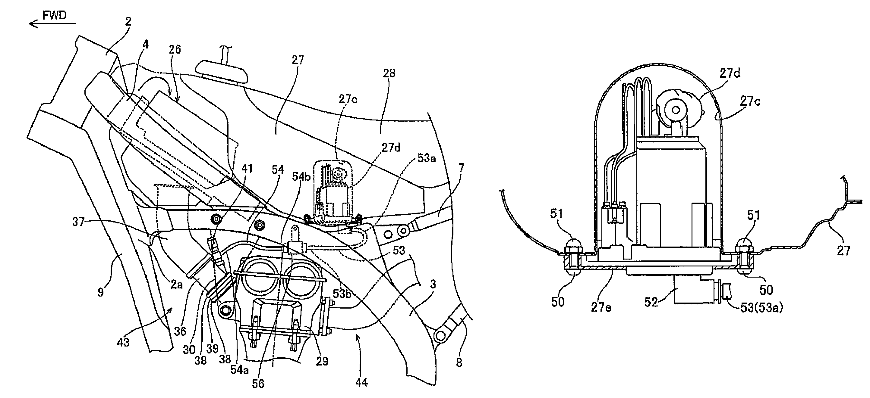 Relative configuration of an engine intake pipe for a motorcycle