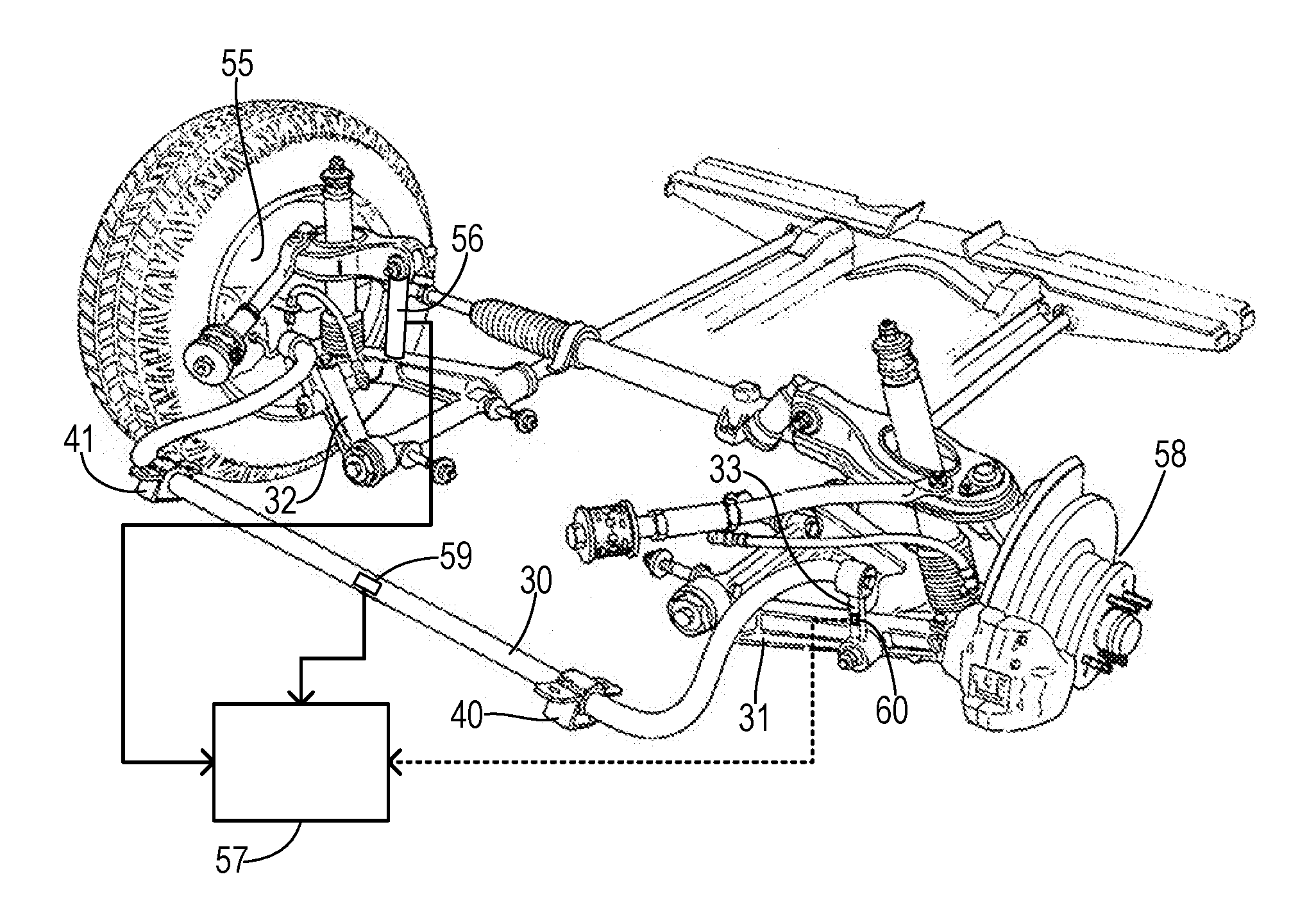 Height determination for two independently suspended wheels using a height sensor for only one wheel