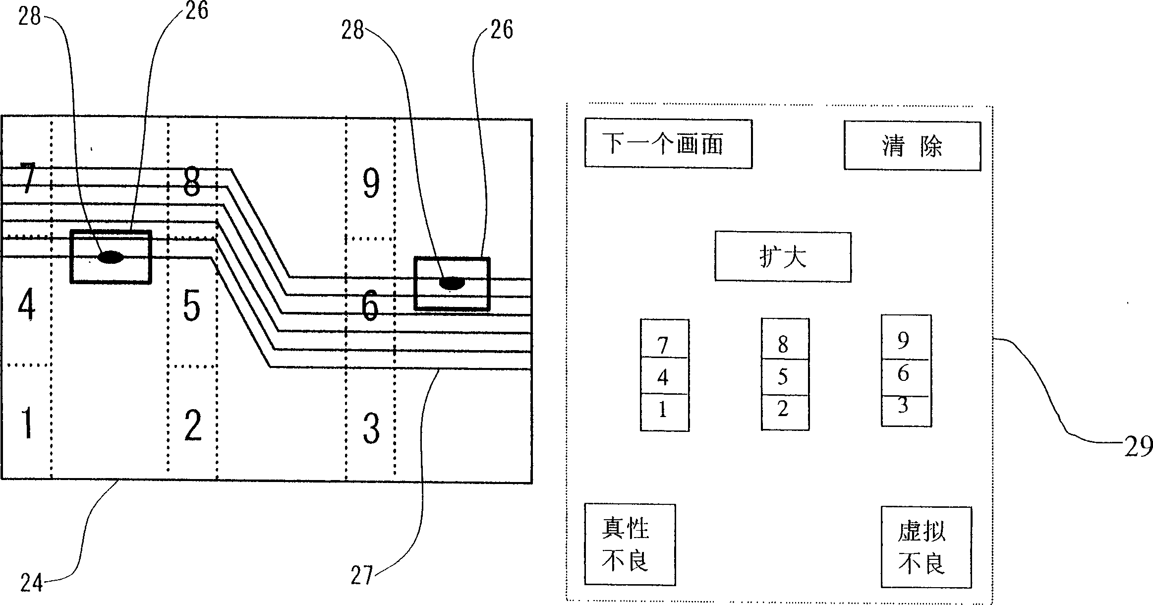 Detecting device of printed circuit board for mounting electronic element and figure poorness identification method