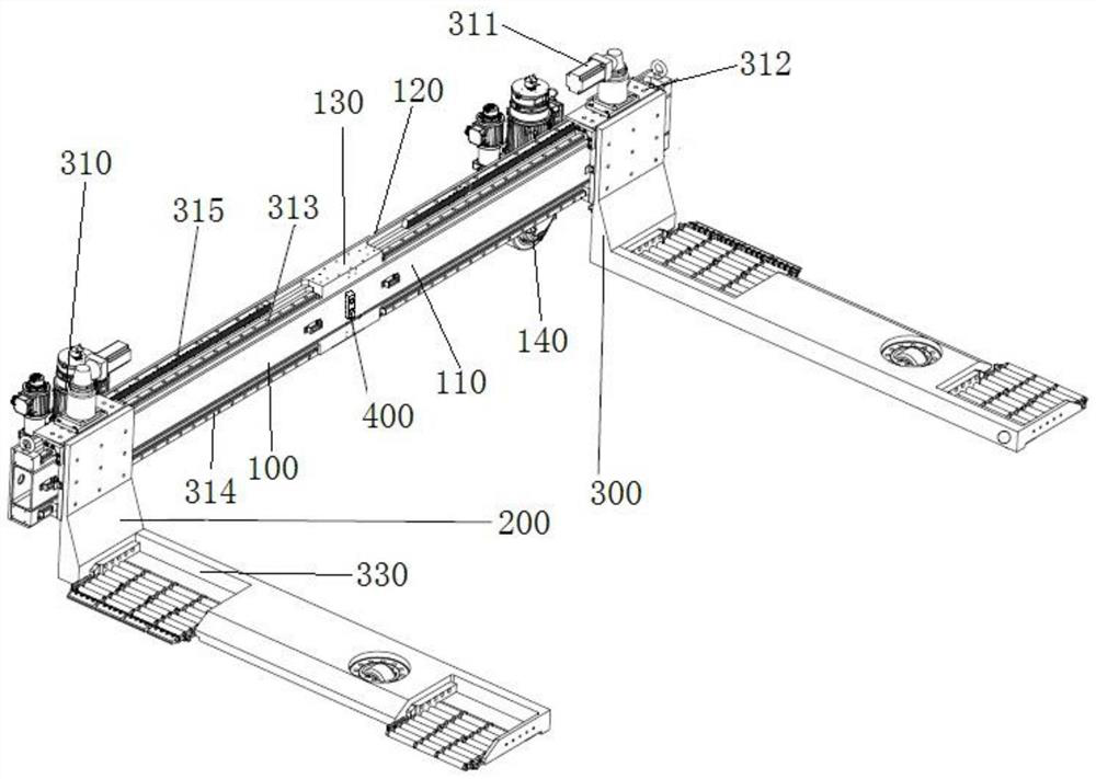 A vehicle handling robot with inner forks that simultaneously moves forks