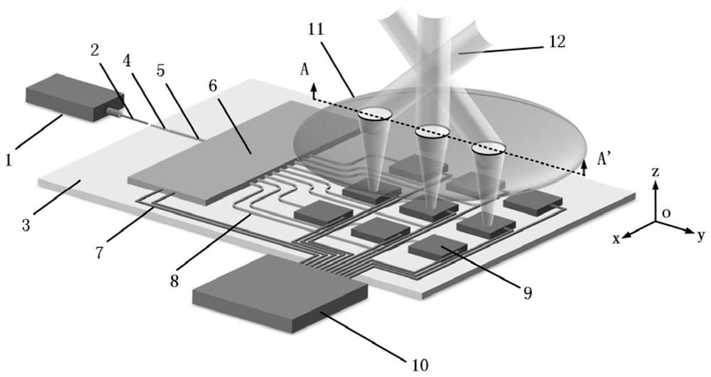 Laser radar detection device based on lens and integrated beam transceiver