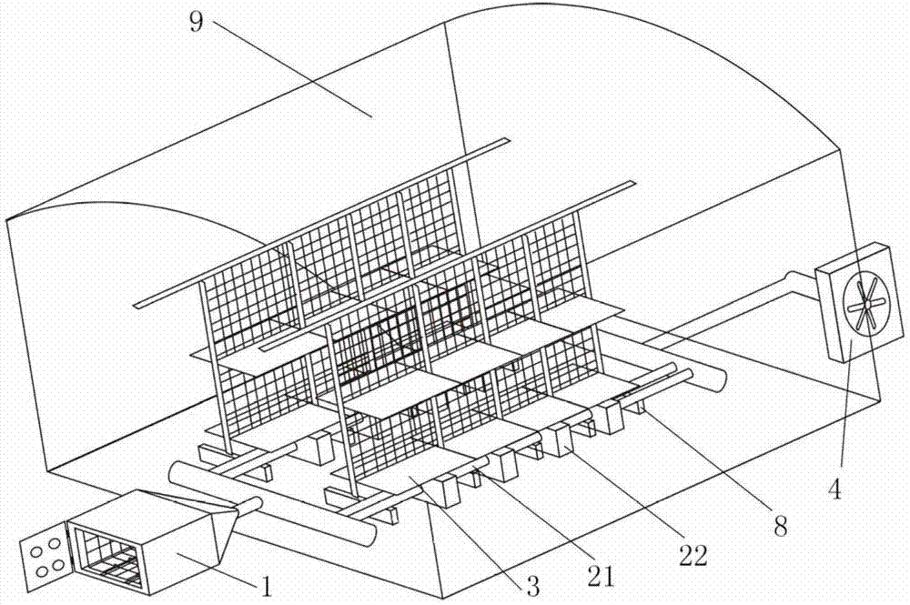 Fire tube type heating device applied to flue-cured tobacco three-dimensional seedling raising greenhouse