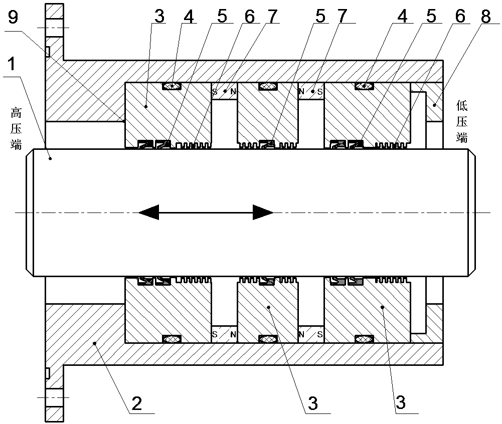 Magnetic fluid sealing structure for reciprocating motion