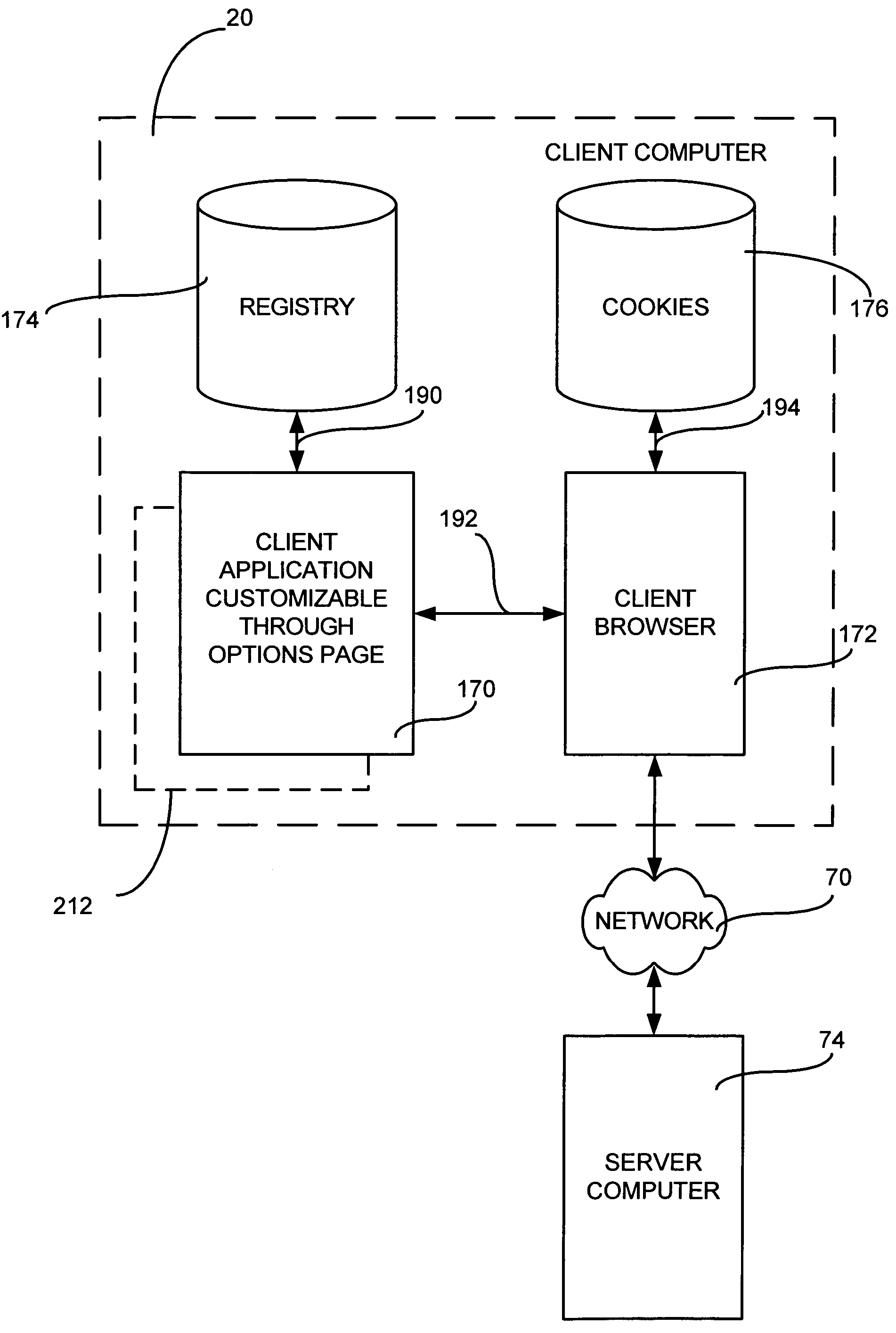 Customizing a client application using an options page stored on a server computer