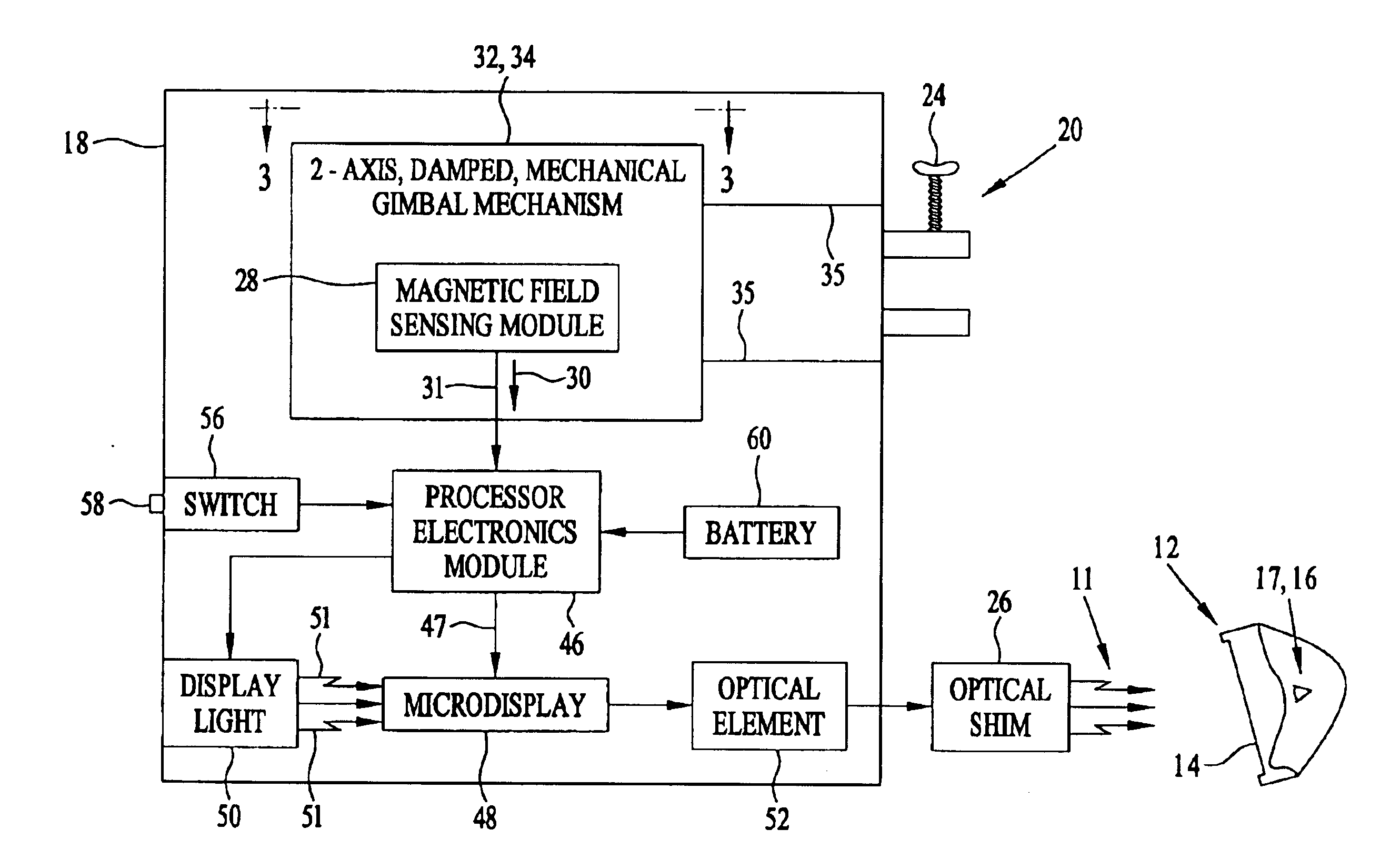 Small head-mounted compass system with optical display