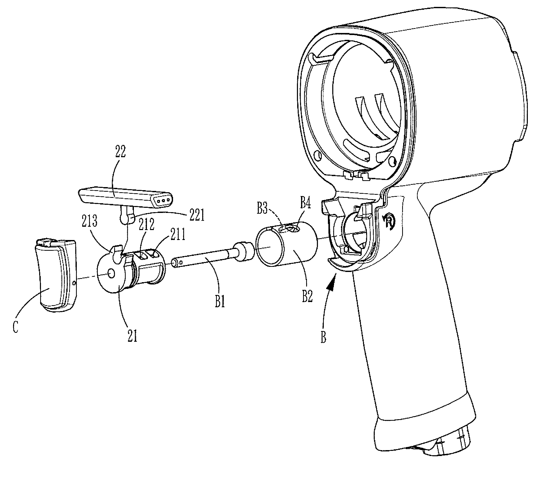 Rotating direction switching device for a pneumatic tool