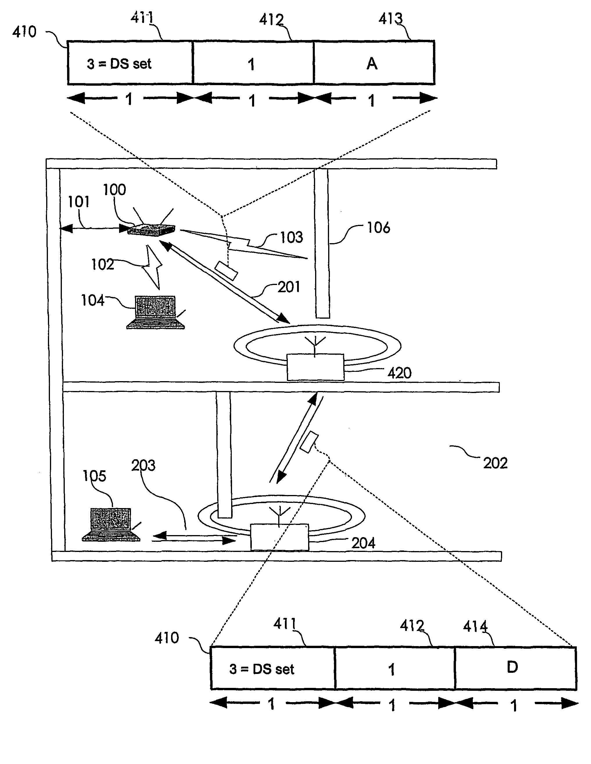 Wireless area network using frequency translation and retransmission based on modified protocol messages for enhancing network coverage