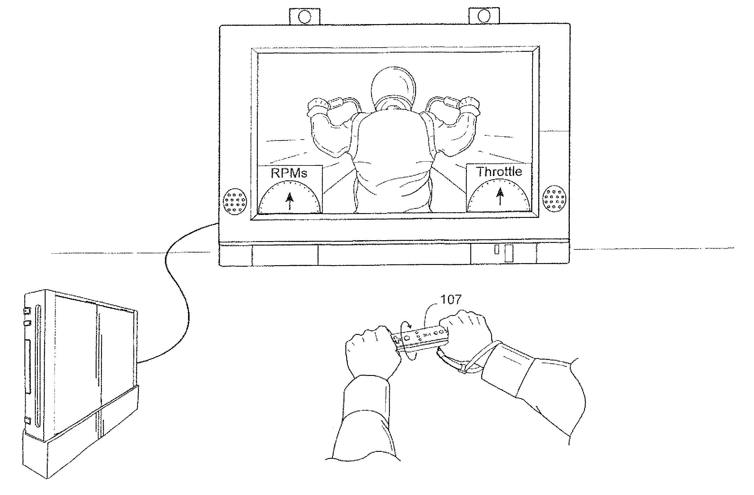 Simulated handlebar twist-grip control of a simulated vehicle using a hand-held inertial sensing remote controller