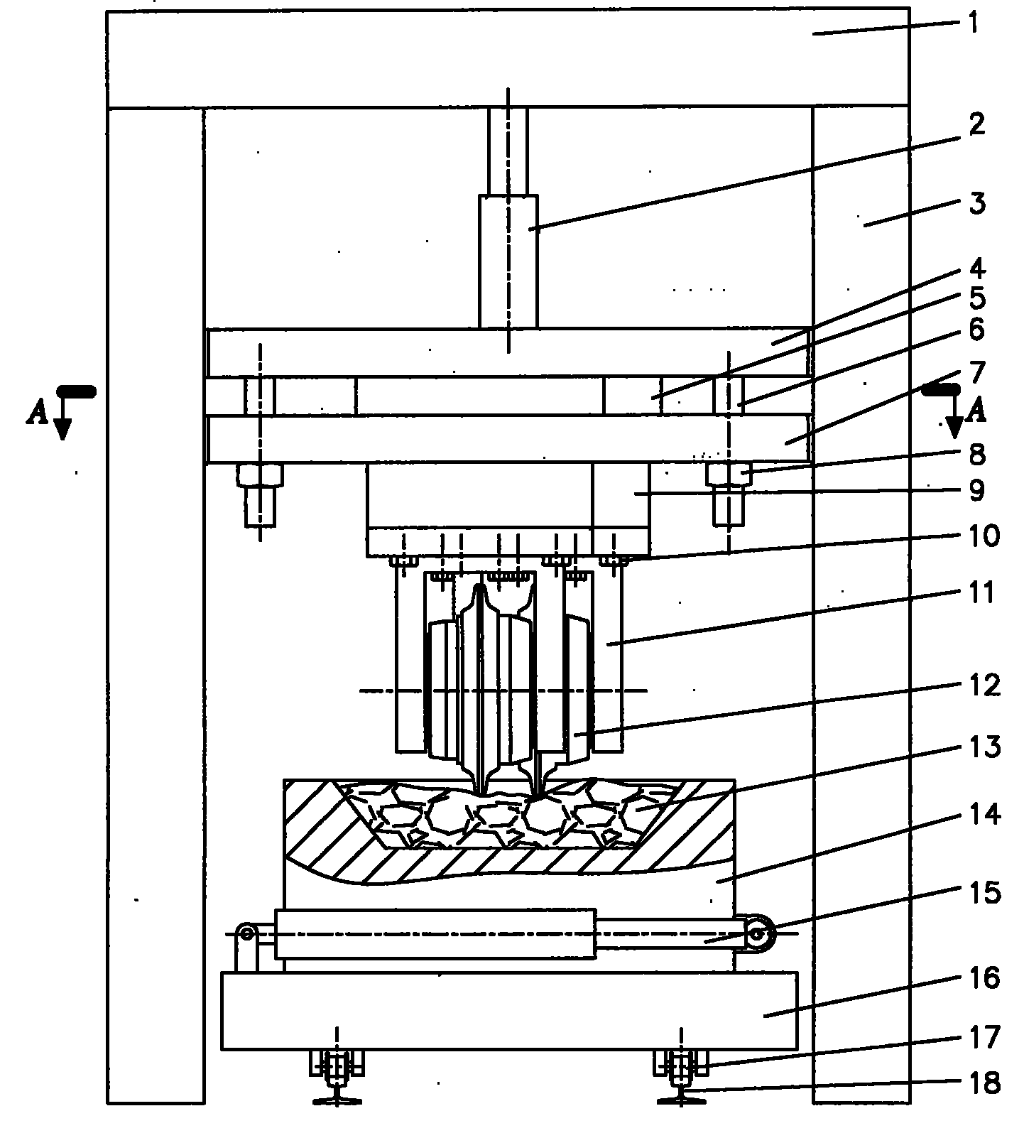 Adjustable multi-hob rock cutting fragmentation test means