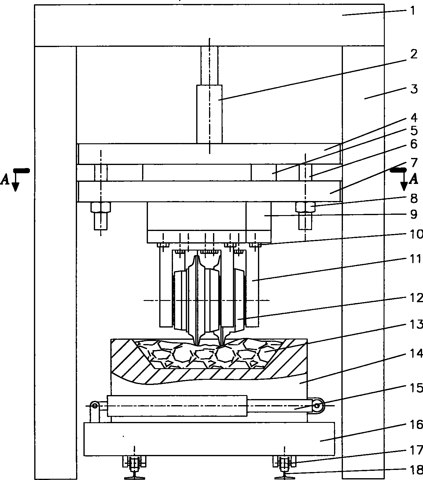 Adjustable multi-hob rock cutting fragmentation test means