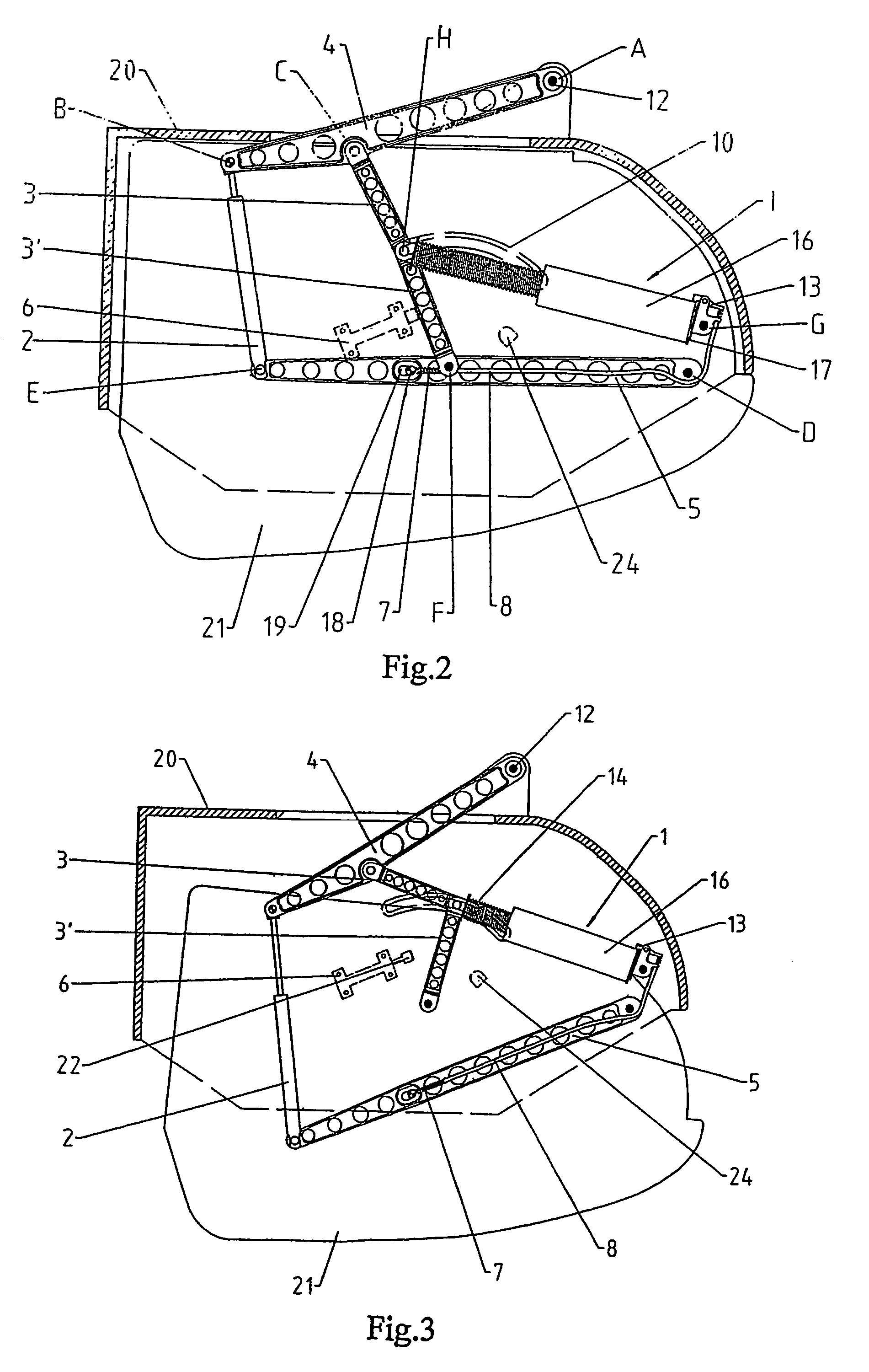 Suspension device for lowerable luggage compartments