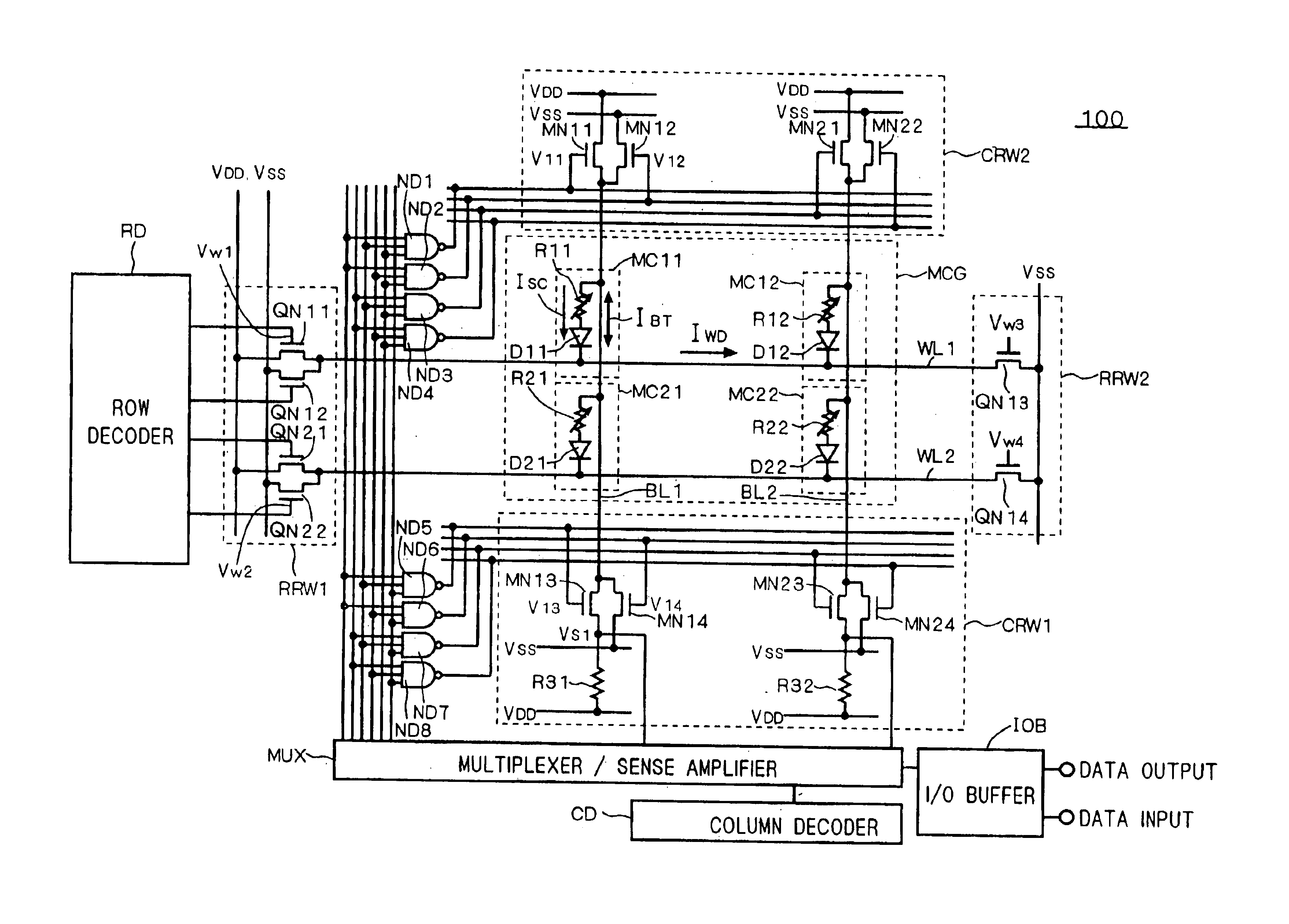 Magnetic memory device capable of passing bidirectional currents through the bit lines