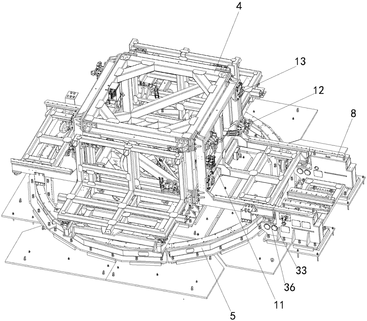 Multi-vehicle-type clamp switching warehouse system composed of tetrahedron rotary table and cross-shaped sliding table