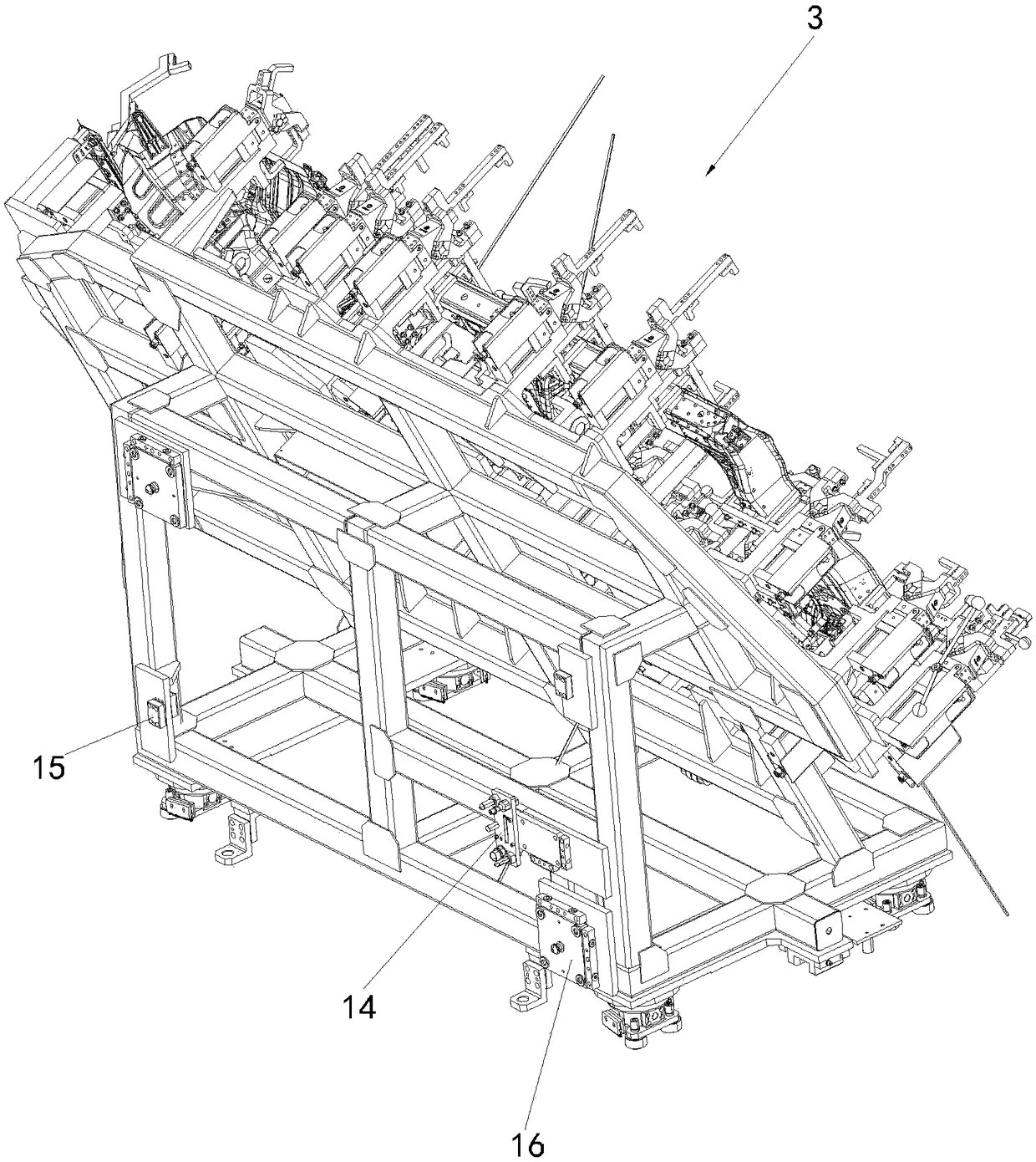 Multi-vehicle-type clamp switching warehouse system composed of tetrahedron rotary table and cross-shaped sliding table