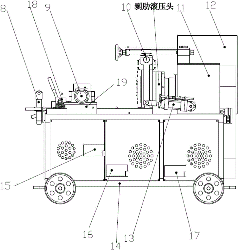 Stripping rib rolling head and steel bar thread machine tool