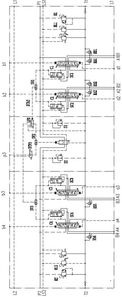 Valve back compensation type load-sensitive multitandem valve with bidirectional confluence function