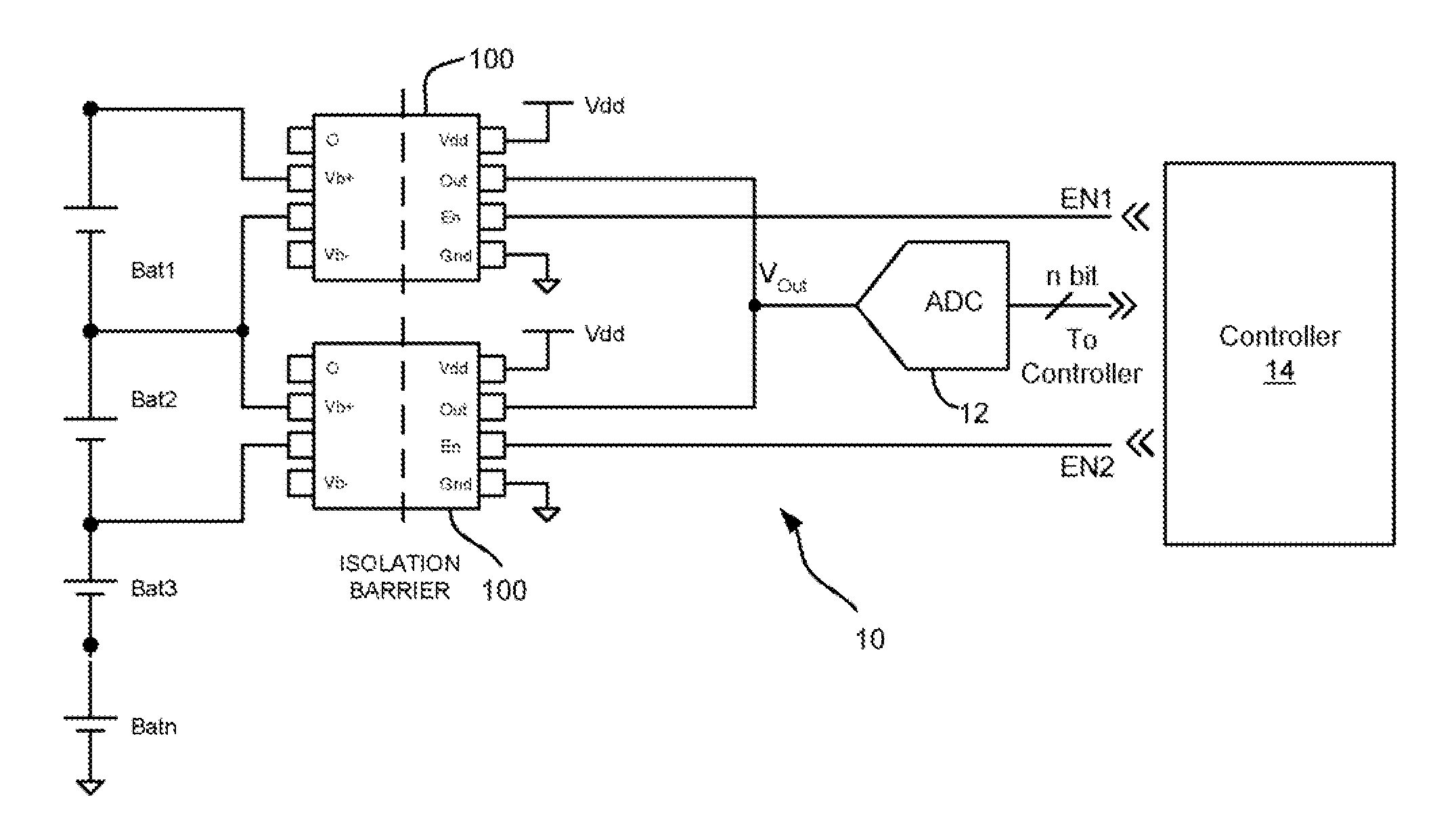 Integrated battery voltage sensor with high voltage isolation, a battery voltage sensing system and methods therefor