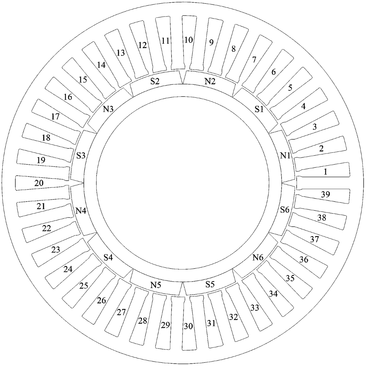 39-groove 12-pole three-phase permanent magnet synchronous motor six-layer-set lap winding embedding and connecting method