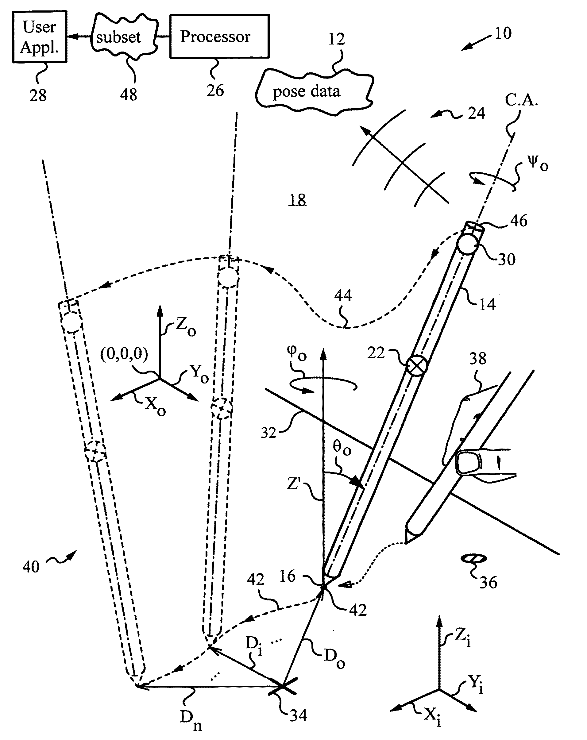 Apparatus and method for determining an absolute pose of a manipulated object in a real three-dimensional environment with invariant features