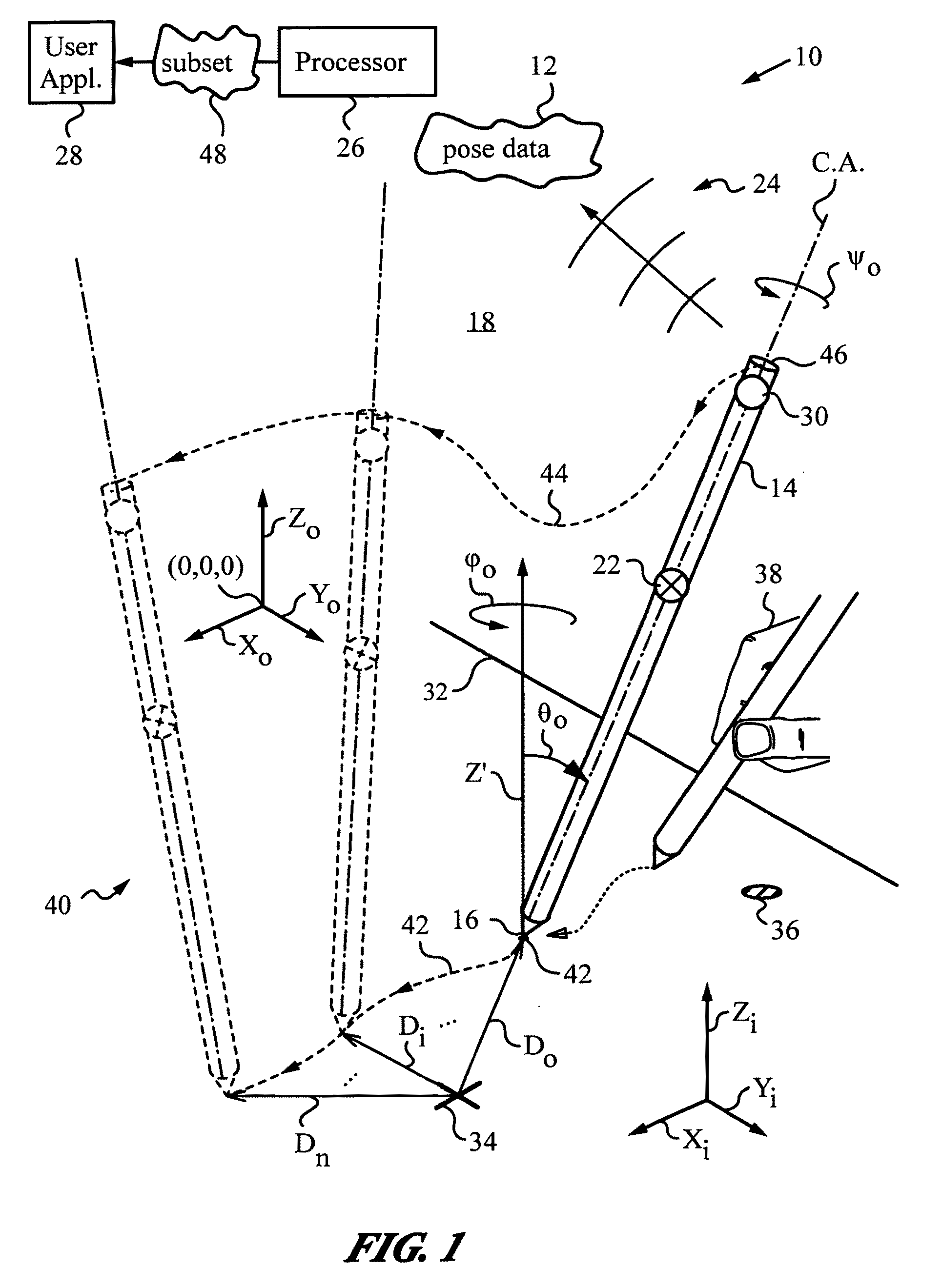 Apparatus and method for determining an absolute pose of a manipulated object in a real three-dimensional environment with invariant features