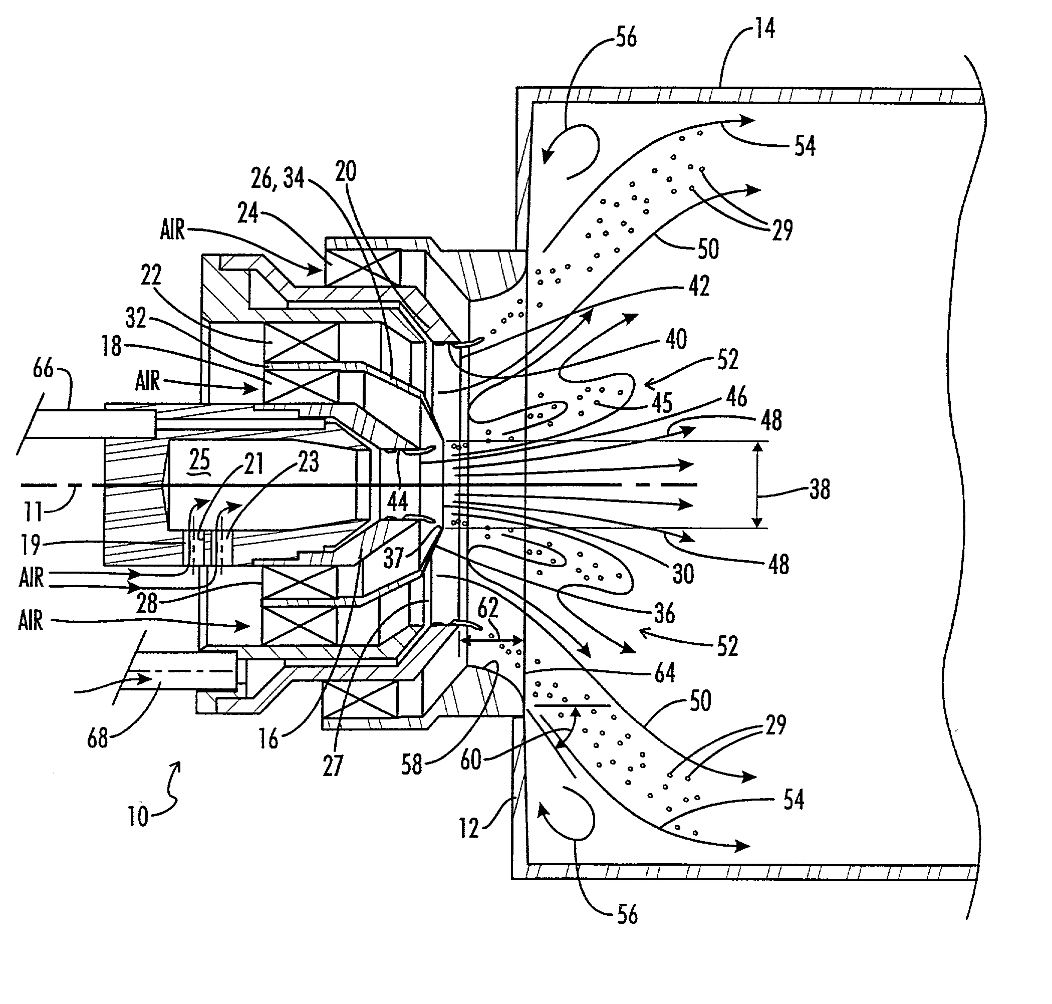 Fuel injector with bifurcated recirculation zone