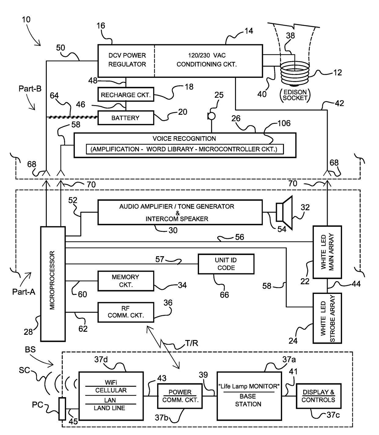 LED light bulb, lamp fixture with self-networking intercom, system and method therefore