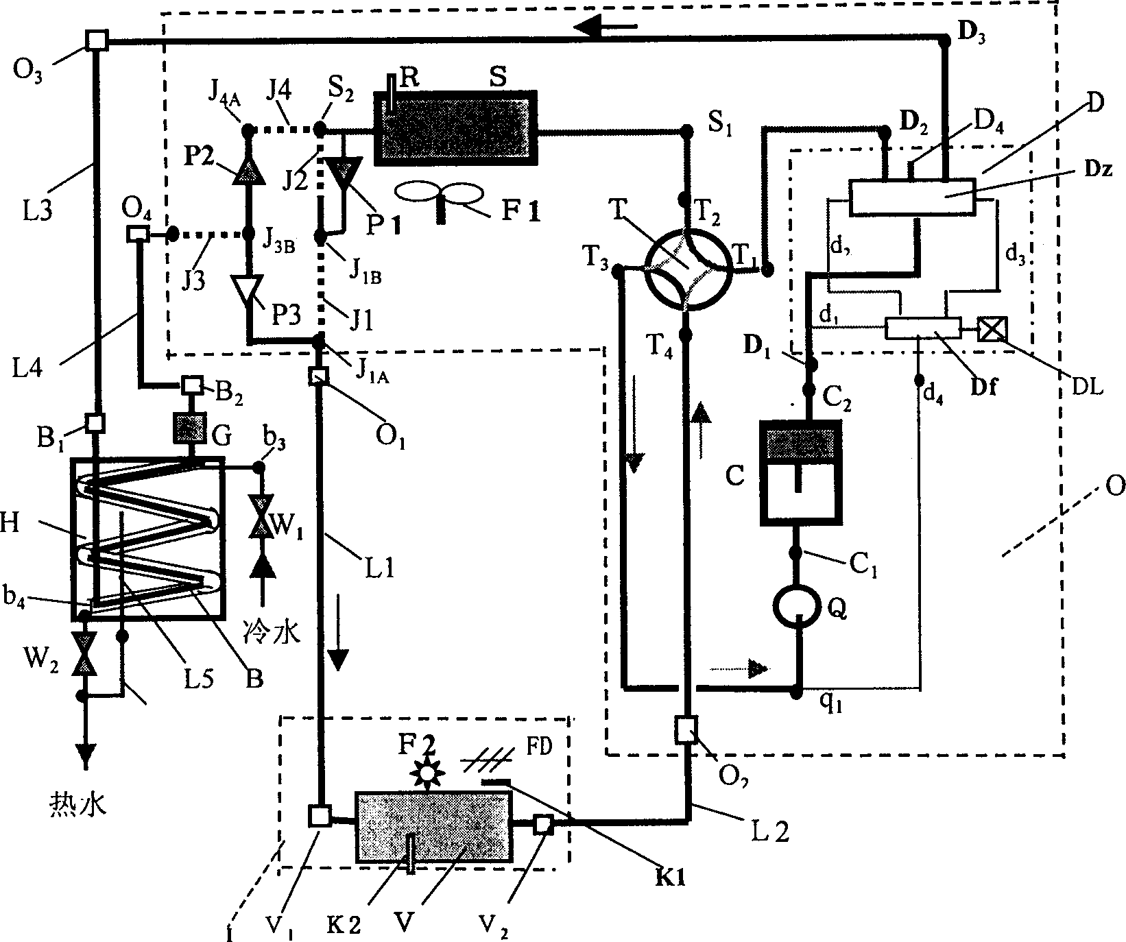 Energy-saving cold-heat air-conditioning, water-heating three-purpose machine capable of being used all gear round