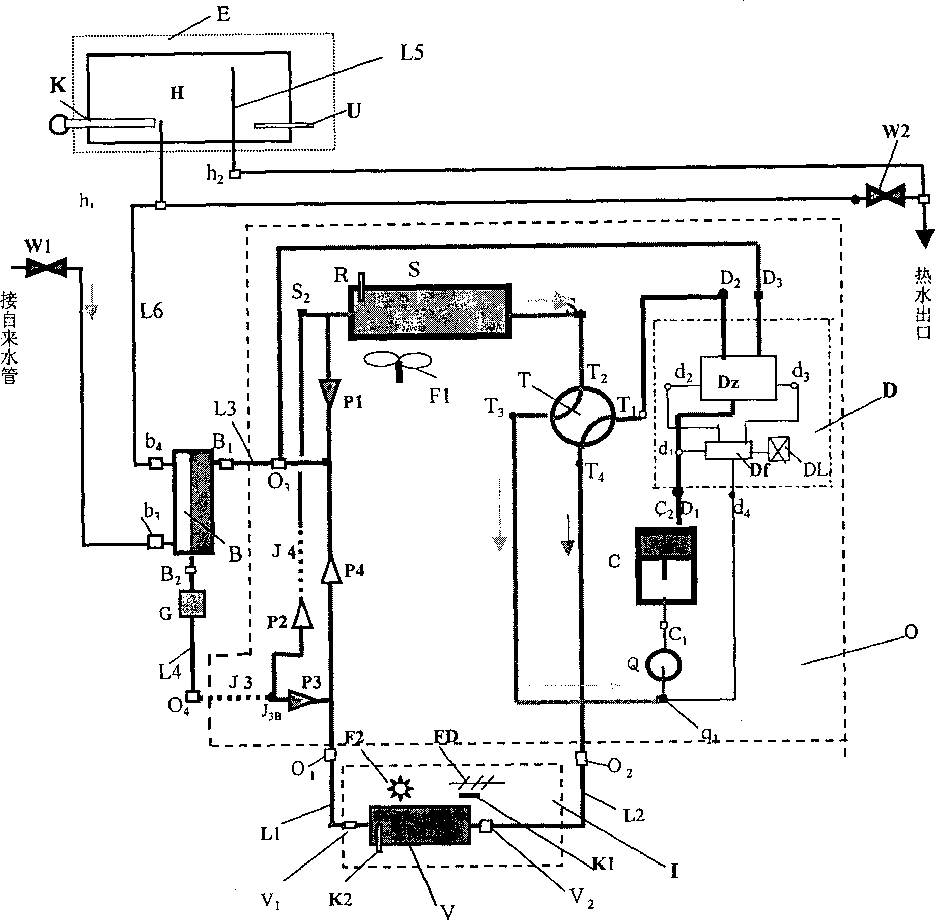 Energy-saving cold-heat air-conditioning, water-heating three-purpose machine capable of being used all gear round