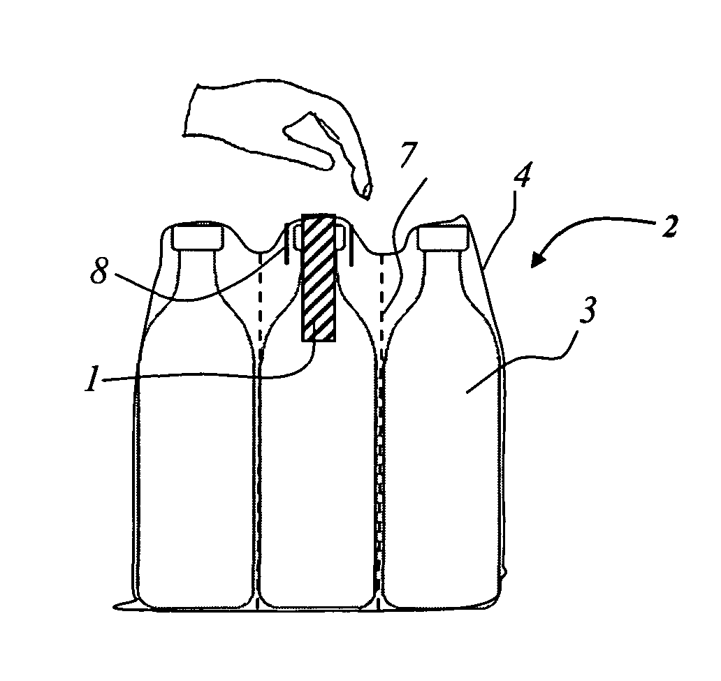 Package with handle and device and method for the production thereof