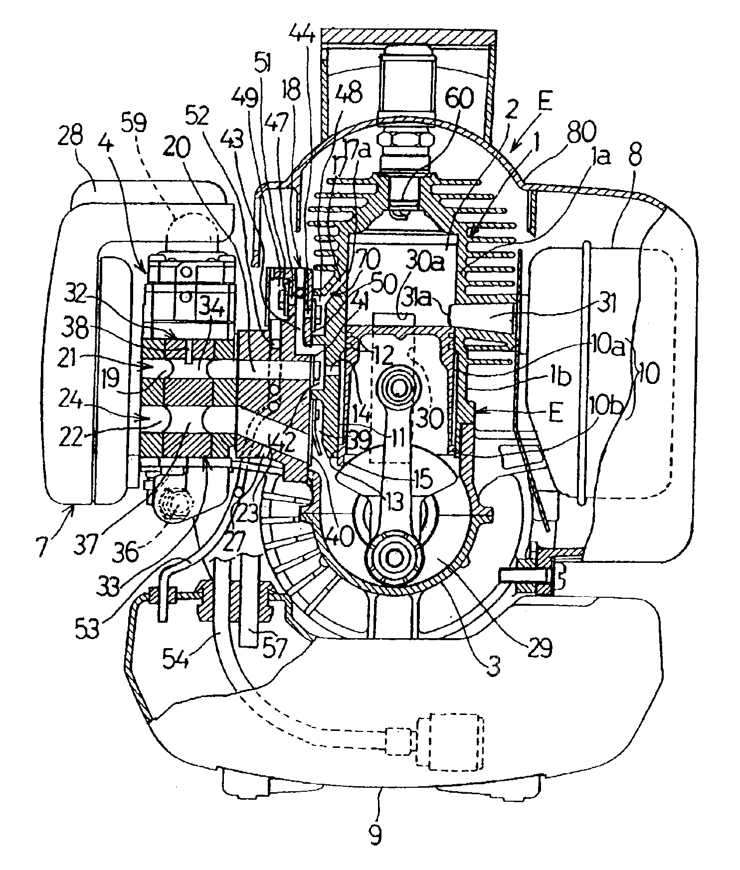 Two-cycle combustion engine having two-staged piston