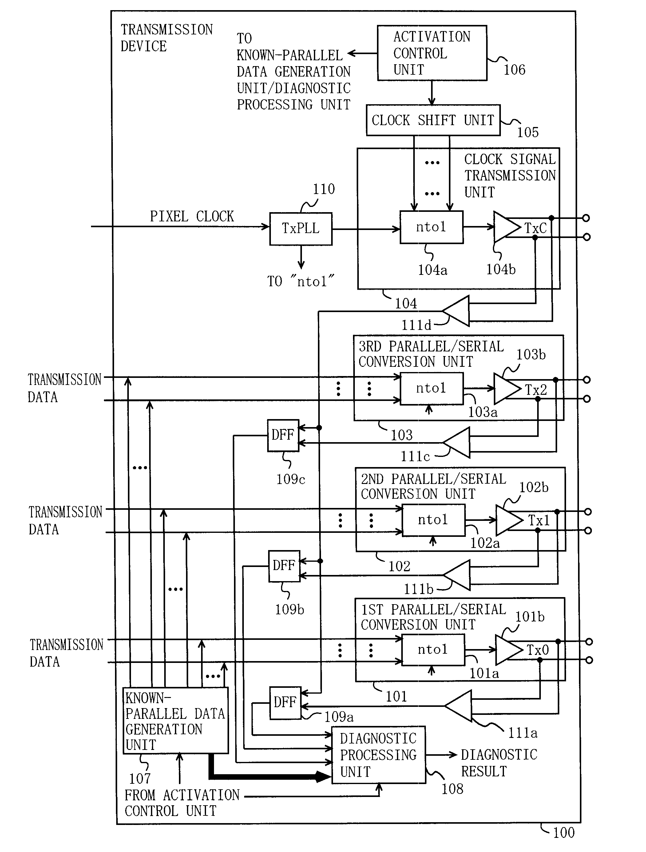 Transmission device and electronic apparatus with self-diagnostic function, and self-diagnostic method for use therein