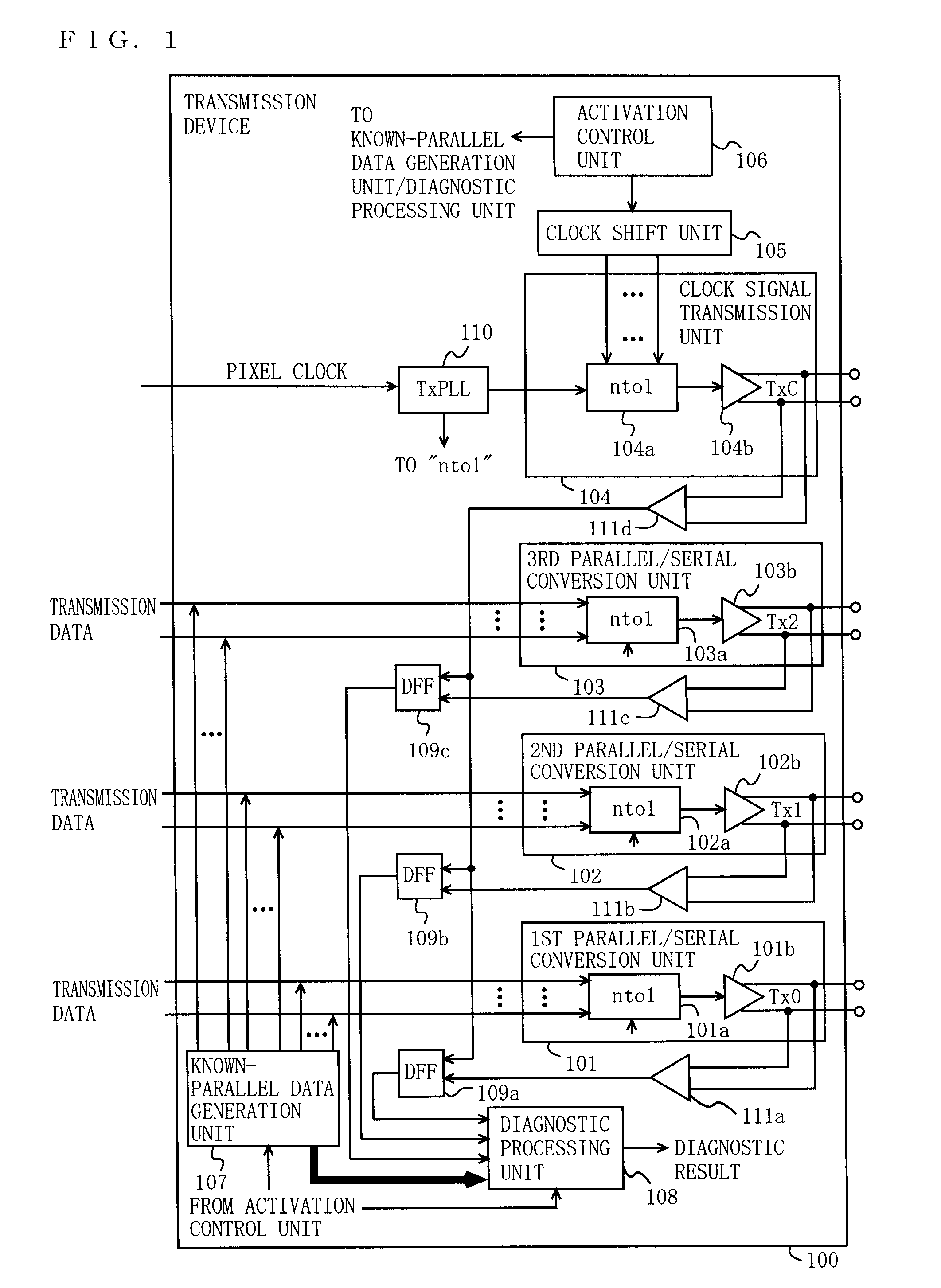 Transmission device and electronic apparatus with self-diagnostic function, and self-diagnostic method for use therein